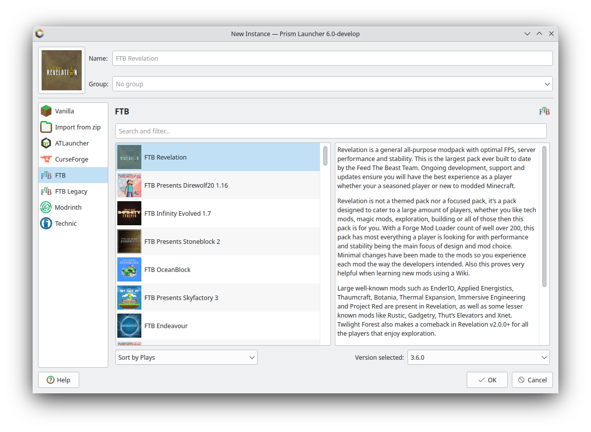 FTB tab under PrismLauncher New Instances